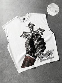 ROMWE MEN Street Life Men's Loose Fit Tank Top With Rivet Decor And Printed Pattern - White - View 1