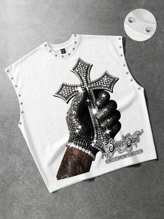 Street Life Camiseta sin mangas holgada para hombre con decoración de remaches y estampado