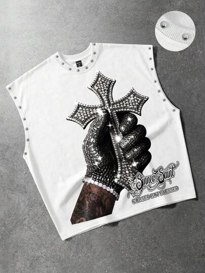ROMWE MEN Street Life Men's Loose Fit Tank Top With Rivet Decor And Printed Pattern