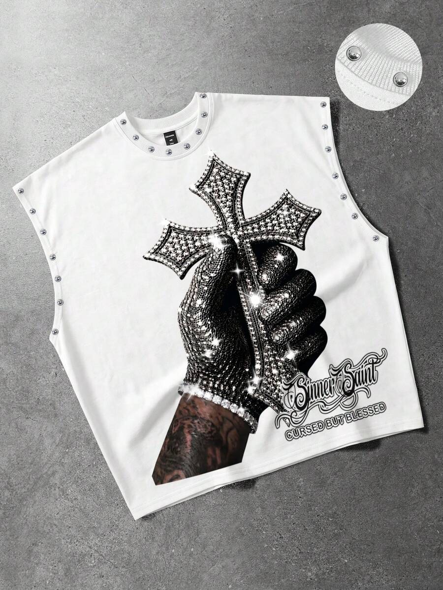 ROMWE MEN Street Life Men's Loose Fit Tank Top With Rivet Decor And Printed Pattern - White - View 1