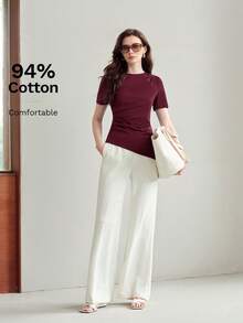 MOTF PREMIUM KAOS LENGAN PENDEK KATUN MUSIM SEMI/PANAS DENGAN LEHER BULAT, HEM ASIMETRIS, DAN PINGGANG BERKERUT - Burgundy - View 1