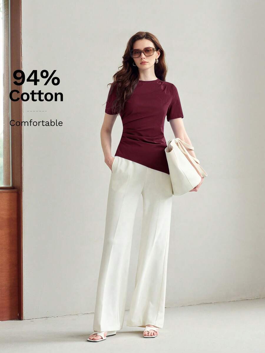 MOTF PREMIUM KAOS LENGAN PENDEK KATUN MUSIM SEMI/PANAS DENGAN LEHER BULAT, HEM ASIMETRIS, DAN PINGGANG BERKERUT - Burgundy - View 1