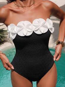 Swim Chiccia Swim Chicsea 女款純色平口 3D 花朵連身泳衣，適合夏季海灘度假 - 黑色 - 查看 3