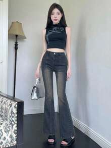 DAZY Celana Jeans Model Flare Denim Ketat dengan Efek Lusuh untuk Remaja Putri Musim Gugur - Biru - View 2
