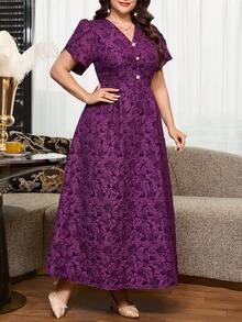 Reflora Plus Size Women's Jacquard V-Neck Petal Short Sleeve Elegant Dress - Ginger - View 5