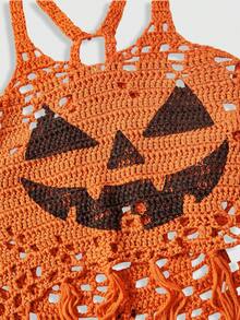 ROMWE Atasan Rajut Wanita Motif Wajah Halloween dan Setan Kecil yang Lusuh - Jeruk - View 3