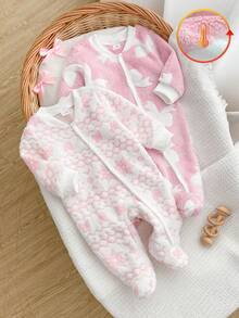 Souflis Souflis 2 Pieces Newborn Plush Fabric 2 Pieces Set, Warm Bow Knot Pattern Design, Loved And Pursued By Children, Made Of Comfortable Soft Skin-Friendly Fabric, Suitable For Children's Home Wear - Baby Pink - View 1