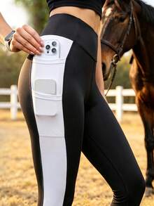 SHEIN Sports Women's High Waist Equestrian Breeches, Two Side Pockets, Color Block Horse Riding Pants - Black and White - View 5