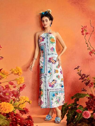 Glamance Frida Kahlo X SHEIN Floral Portrait Blue Print Halter Backless Maxi Dress, Elegant Mature Casual Sexy For Outing Work Office Daily Gathering Party Birthday Vacation Middle East Travel Beach Swimwear Bohemian Day Of The Dead Halloween Back To School Independence Day Our Lady Of Guadalupe Festival Summer