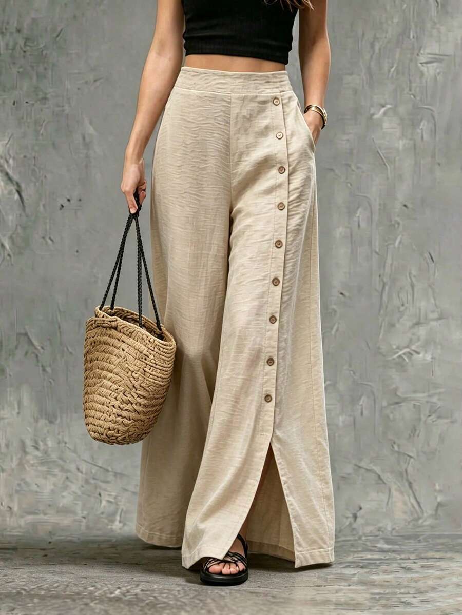 SHEIN Pantalones casuales de vacaciones con botones delanteros de unicolor - Caqui - Ver 1
