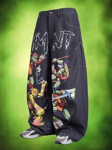 TEENAGE MUTANT NINJA TURTLES | SHEIN Men's Cartoon Print Curved Leg Jeans - Black - View 3