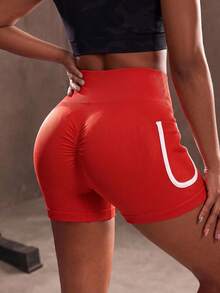 SHEIN Sports Celana Pendek Olahraga Slim Fit Pinggang Tinggi Lembut dengan Kantong Samping untuk Gym, Lari, Warna Hitam dan Merah, Cocok untuk Musim Panas - Merah - View 4