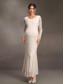 Cheriluna Maternity Maternity Lace Maxi Dress, Apricot Elegant, Multi-Wear Design, Can Be Tied Short Or Worn As A Shawl, Slimming And Flattering, Suitable For Pregnancy Weddings, Evening Parties And Other Formal Occasions - Apricot - View 7