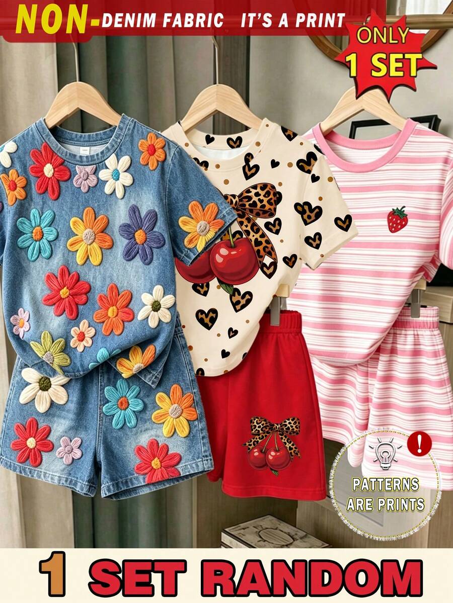 (Patrón Aleatorio, 1 Set Aleatorio) Camiseta Corta Básica y Shorts para Niñas con Diseño Fresco de Moda Minimalista, Rayas Rosas, Fresa, Leopardo, Lazo, Cereza y Patrón Floral Colorido - Multicolor - Ver 1