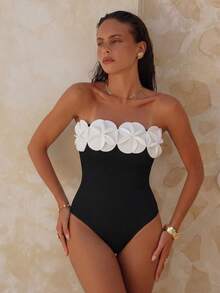 Swim Chiccia Swim Chicsea 女款純色平口 3D 花朵連身泳衣，適合夏季海灘度假 - 黑色 - 查看 4