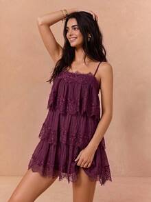 Enchnt Women's French Sweet Boho Elegant Lace Patchwork Camisole Dress Vacation Party Dark Purple Summer - Red Violet - View 6