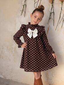 Emery Rose Kids Emery Rose Kids 女童可愛度假休閒杏色花卉圖案蝴蝶結長袖寬鬆洋裝，秋季花卉洋裝 - 卡其色 - 查看 12