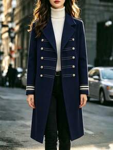SHEIN Autumn/Winter Thick Navy Blue Wool Pocket Double-Breasted Long Sleeve Loose Casual Navy Style Wool Coat For Office And Outdoor - Navy Blue - View 8