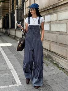 StreetHx Women's Striped Fashion Pocket Button Loose Denim Overalls - Navy Blue - View 1