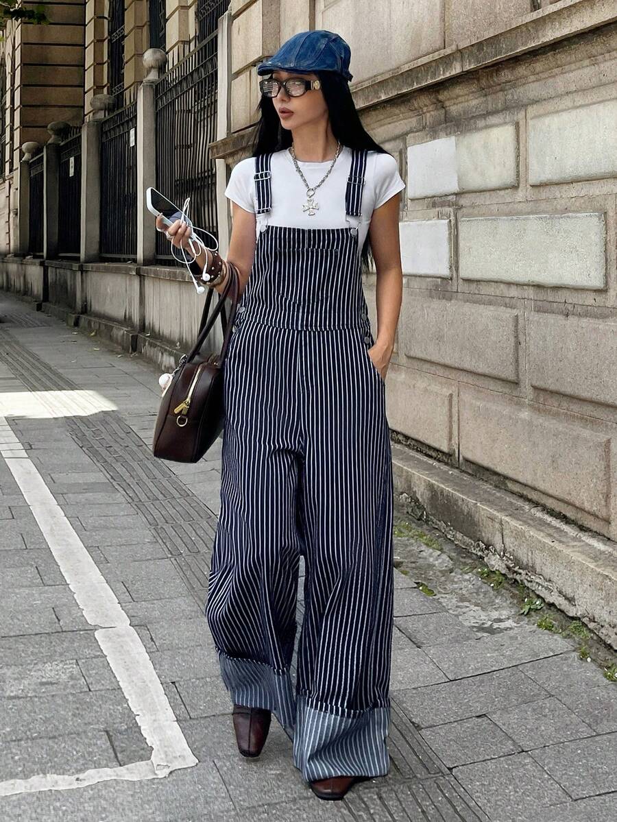 StreetHx Women's Striped Fashion Pocket Button Loose Denim Overalls - Navy Blue - View 1