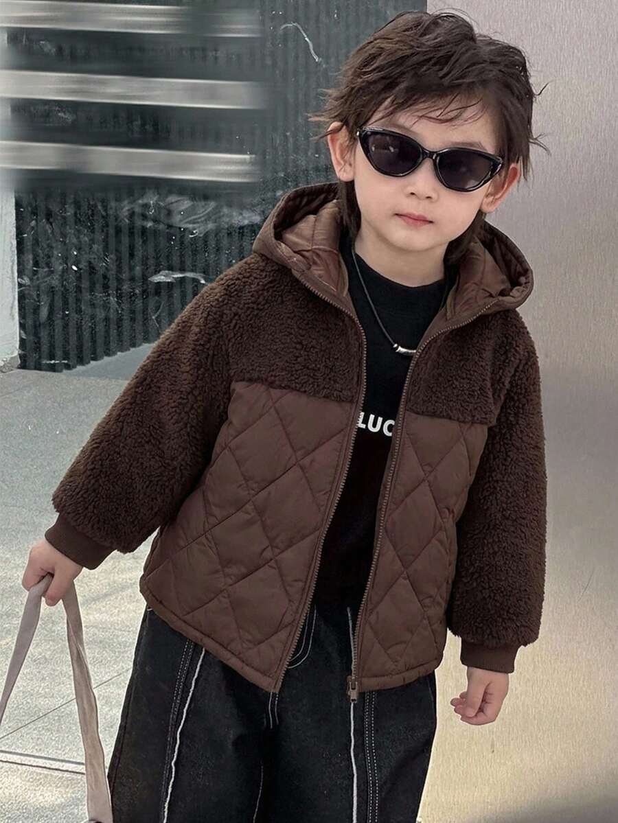 Dazy Kids Young Boy Solid Color Long Sleeve Zip-Up Hooded Winter Jacket Fall - Brown - View 1
