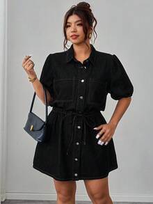 Elenzga Plus Size Women Elegant Comfortable Loose Deep Blue Non-Stretch Denim Dress - Black - View 6