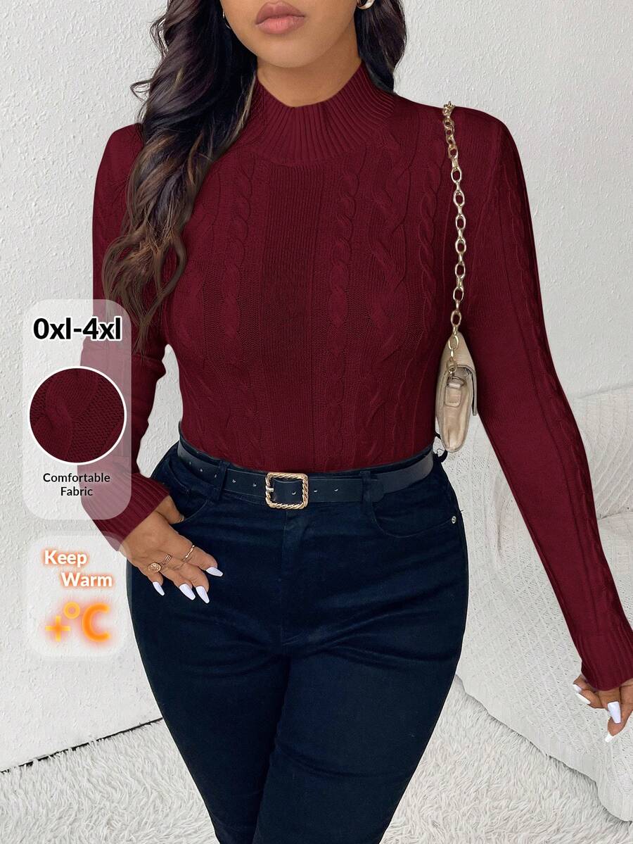 SHEIN Frenchy Plus Size Casual Cable Knit Textured Slim Fit Turtleneck Sweater, Winter - Burgundy - View 1