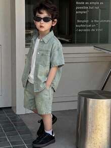 DAZY Young Boys Turn Collar Short Sleeve Washed Denim Top Denim Set - Light Wash - View 5
