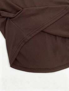 SHEIN Women's Solid Color Round Neck Short Sleeve Pleated Casual Versatile T-Shirt - Coffee Brown - View 6