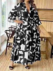 SHEIN CURVE+ Women's Plus Size Fashion Commuter All-Over Print Dress Fall - Black and White - View 7