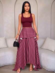 SOLERSUN 女款休閒優雅棕色條紋解構雙層不對稱中長裙，適合日常穿著、度假、休閒購物與夏季時尚。Saint Festival 女裝棕色條紋中長裙（隨機花卉） - 酒紅色 - 查看 3