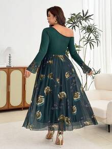 Modelyn Gaun Elegan Motif Jala Mawar, Patchwork Warna Solid, Kerah Renda, Bahu Terbuka, Lengan Panjang, Pinggang Terikat, Potongan A-Line Regular Fit Ukuran Plus untuk Musim Semi dan Gugur - Dark Green - View 2