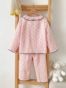 2pcs/Set Spring Autumn Winter Girls Toddler Home Wear Soft Comfortable Pink Double Layer Crepe Fashion Black Polka Dot Print With Cute Bunny Bow Embroidery Black Contrast Trim Ruffle Collar Long Sleeve Cardigan And Long Pants Set Early Autumn Thin Loungewear Pajamas - Baby Pink - View 2