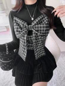 FRIFUL Women's Patchwork Houndstooth Bow Decor Long Sleeve Fashion T-Shirt Fall - Black - View 1