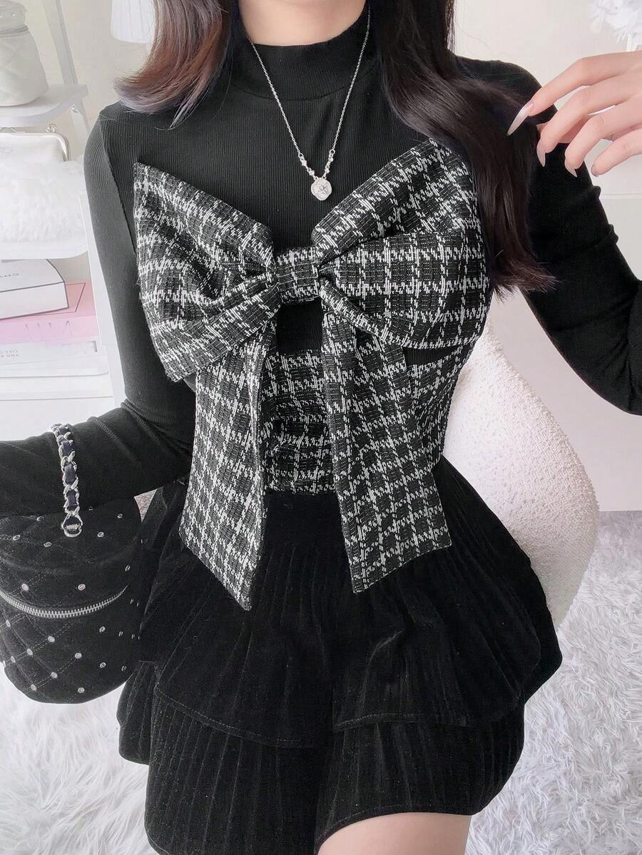 FRIFUL Women's Patchwork Houndstooth Bow Decor Long Sleeve Fashion T-Shirt Fall - Black - View 1