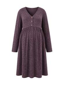 SHEIN Purple Autumn And Winter Long-Sleeve Maternity Dress With Large Size, Front Button, Breastfeeding, High Waist, Slimming, Knitted Knit Fabric Fall - Purple - View 5
