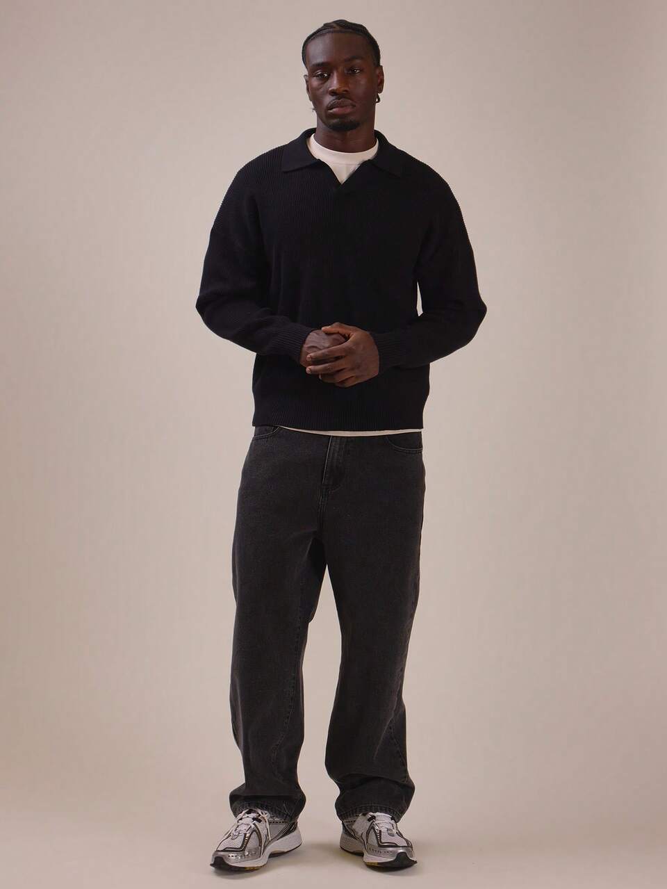 V Neck Revere Collar Knit Jumper Drop Shoulder Deep Rib Hem And Cuffs Core Knit Essentials