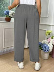 EMERY ROSE Plus Size Women Cotton Solid Color Drawstring Waist Pockets Loose Pants Fall - Light Grey - View 2