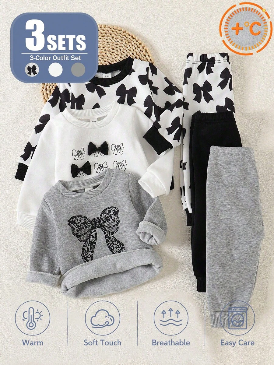 SHEIN Playful Pals 3套幼童女童運動衫長褲套裝，可愛白色、黑白、淺灰色、黑色蝴蝶結 3D 蝴蝶蕾絲長袖圓領，生日萬聖節牛仔女郎風 - 彩色 - 查看 1