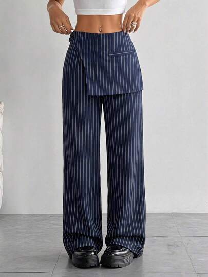 SHEIN MOD Women's Striped 2 In 1 Wide Leg Loose Elegant Suit Pants