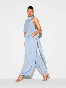 KIZN Chiffon-Crop-Top mit Neckholder, Rüschensaum, offenem Rücken, ärmellos, Bluse für Sommer, Strand, Urlaub, Party und Festival - Graublau - Übersicht 4