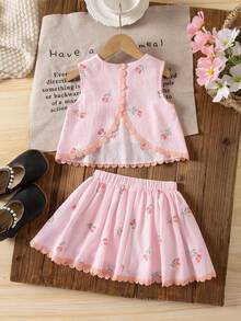 Emery Rose Kids Emery Rose Kids 少女花卉印花圓領上衣與彈性腰褶皺裙休閒日常套裝 - 粉色 - 查看 7