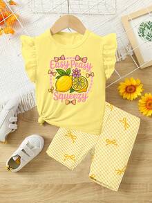 Girls' Fashion Fresh Lemon Flower Pink Bow Letter Pattern Printed Basic Flying Sleeve Short T Plus Cycling Pants Set - Multicolor - View 1