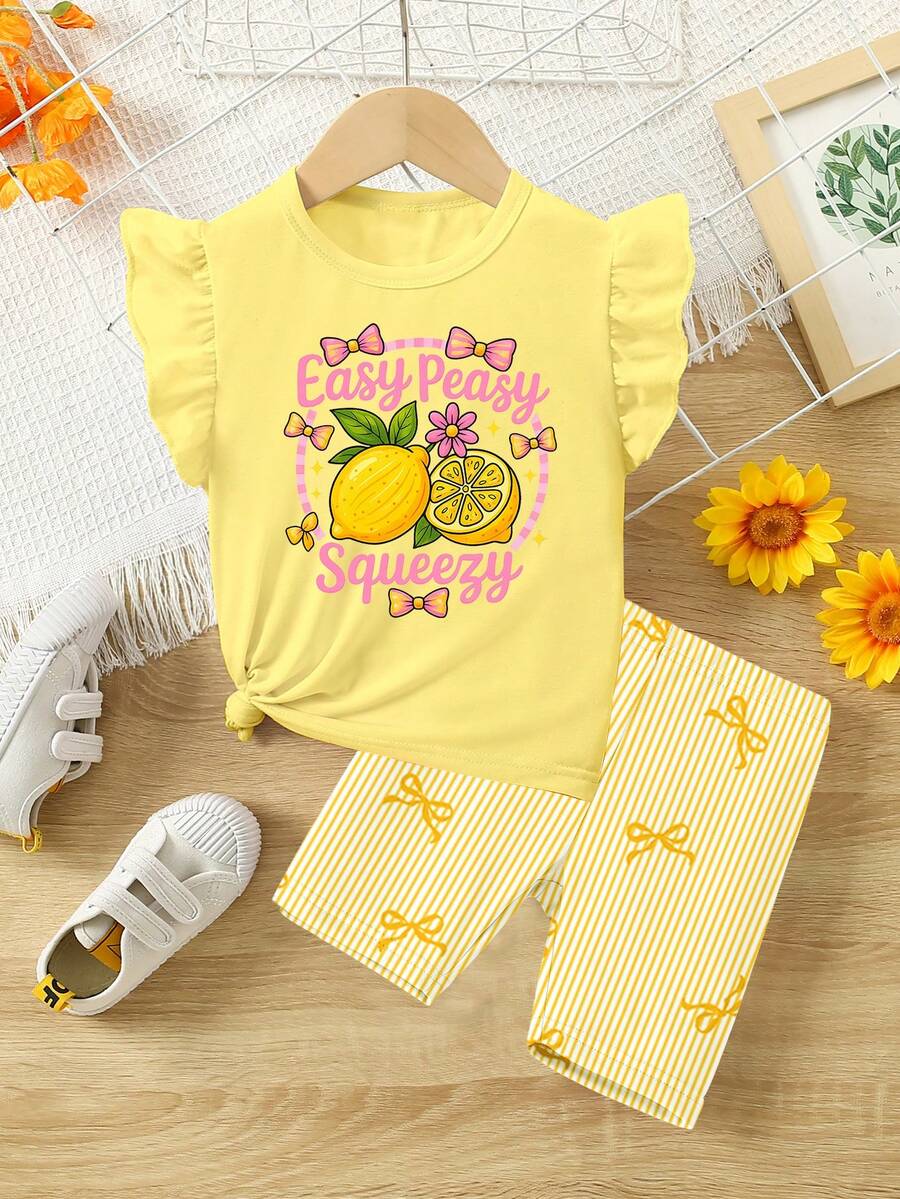 Girls' Fashion Fresh Lemon Flower Pink Bow Letter Pattern Printed Basic Flying Sleeve Short T Plus Cycling Pants Set - Multicolor - View 1