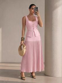 Structelle Women's Elegant Commuter Day Party Summer Set, Soft Pink Knit Cardigan With Metal Buttons Sleeveless Top + Pleated Skirt - Pink - View 3