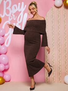 Loomaby Elegant Chic Casual Maternity Cold Shoulder Party Babyshower Baby Shower Photoshoot Dress For Women Gender Reveal Autumn Brown - Camel - View 2