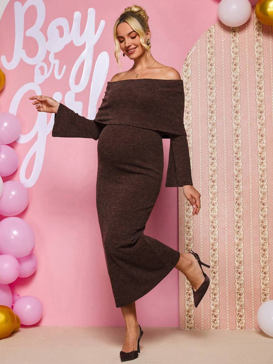 Loomaby Elegant Chic Casual Maternity Cold Shoulder Party Babyshower Baby Shower Photoshoot Dress For Women Gender Reveal Autumn Brown