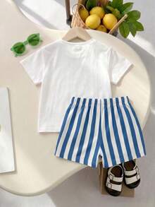 SHEIN Playful Pals 2件組男嬰夏季度假檸檬印花圓領T恤與彈性腰藍白條紋短褲可愛嬰幼兒服飾度假裝 - 彩色 - 查看 2