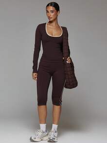 Musera Sport Foldover Waist Contrast Colour Side Stripe Fitted Low Rise Active Capri Legging Fall Autumn Winter Gym Workout Cute - Mocha Brown - View 1