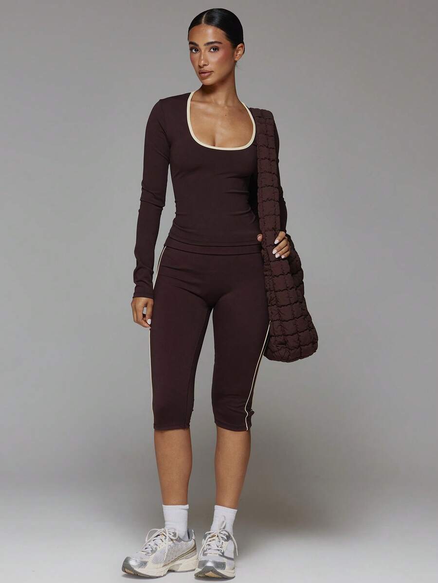 Musera Sport Foldover Waist Contrast Colour Side Stripe Fitted Low Rise Active Capri Legging Fall Autumn Winter Gym Workout Cute - Mocha Brown - View 1
